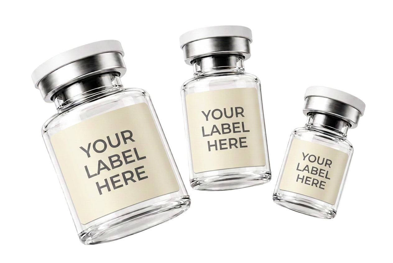 Clear glass peptide vials with lavender caps